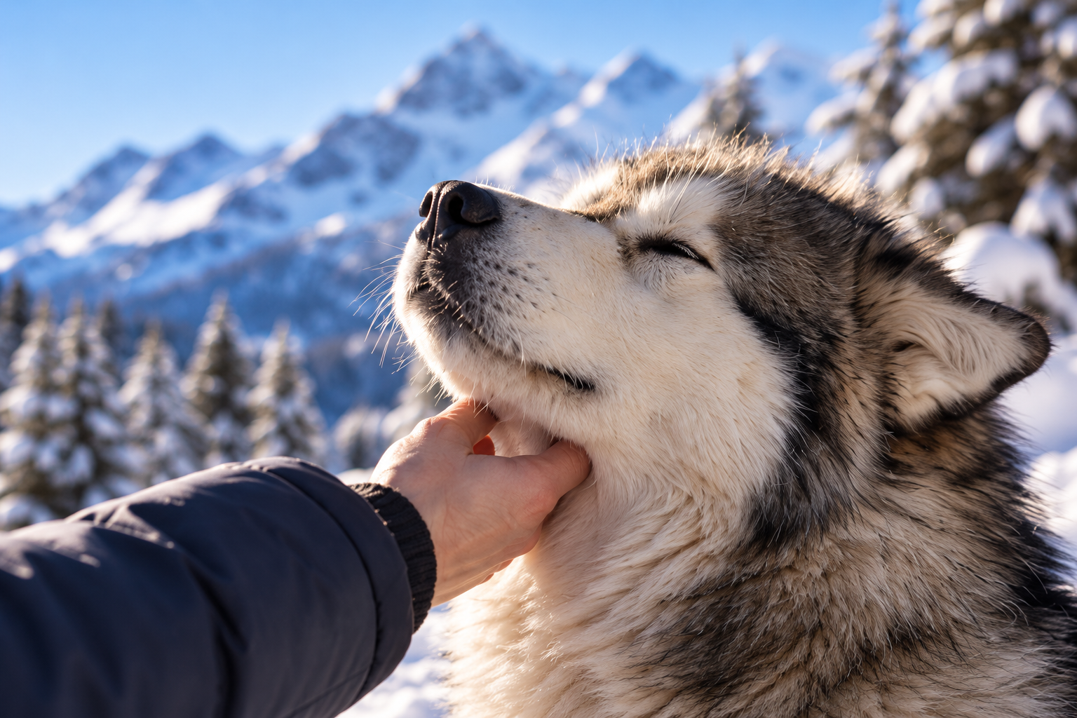 Un malamute profite d’une caresse devant les montagnes enneigées
